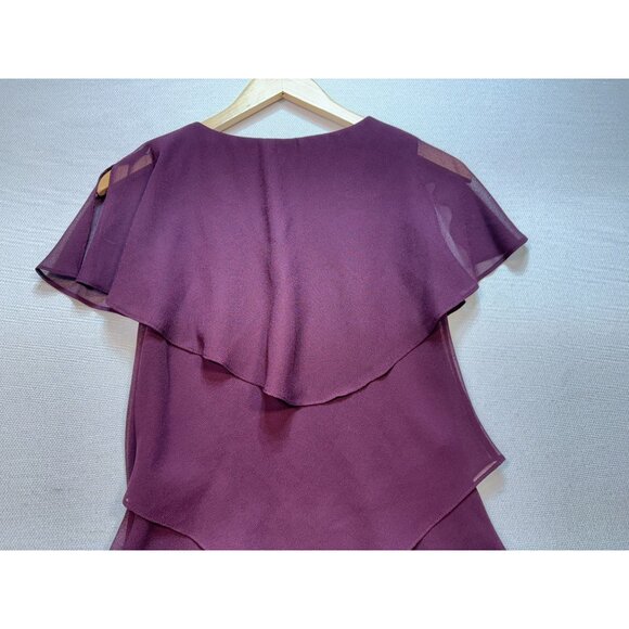 SLNY Womens Tiered Ruffle Midi Dress Size 4 Plum Flutter Sleeves Chiffon V-Neck - Picture 12 of 14